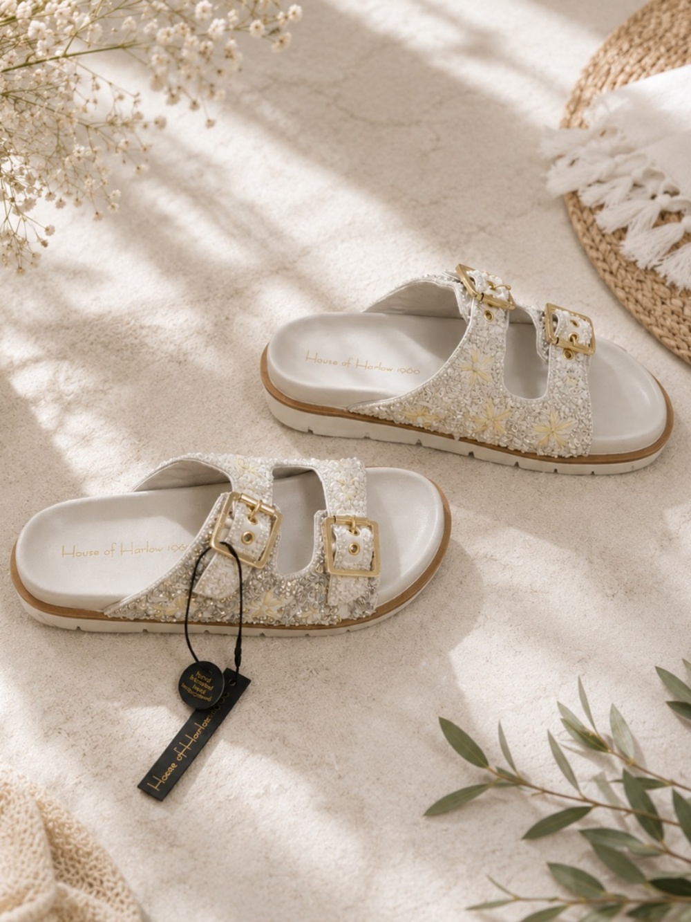 *New* House of Harlow 1960 Cream/Gray and Gold Embellished and Beaded Sandals